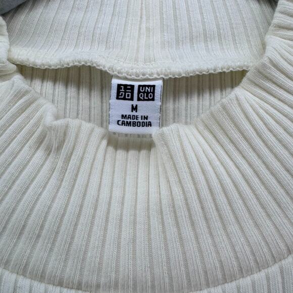 Uniqlo Sweater Womens M Cream Cotton Rib Knit Mock Neck Long Sleeve Fitted - Picture 2 of 12